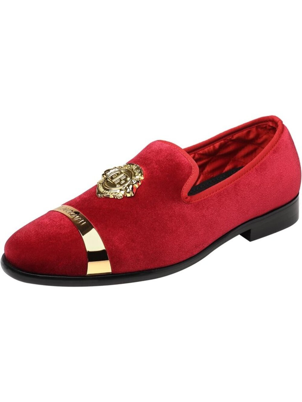ELANROMAN Men's Red Velvet Loafers Dress Gold Buckle Wedding Party Prom Shoes